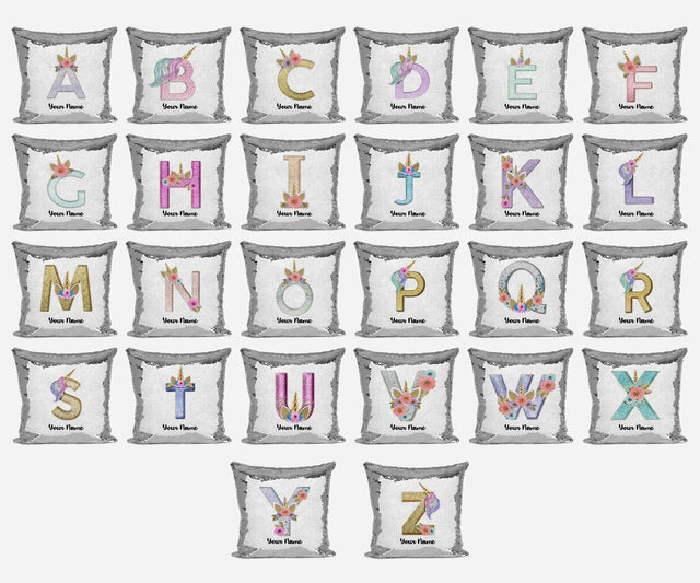 Personalised Unicorn Sparkly Monogram Alphabet Sequin Magic Cushion Cover+Pillow