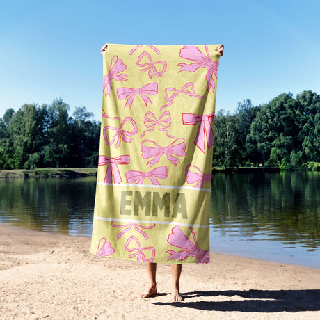 Personalised Name Pink Bows Design Printed Absorbent Beach Bath Sheet Towel