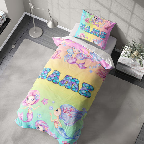 Personalised Name Mermaids + Jellyfish Single Bed Duvet Cover + Pillowcase Set