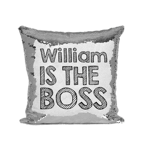 Set of 2 His & Hers Boss Personalised Name Sequin Magic Cushion Cover + Pillow