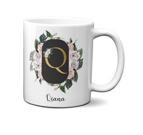 Personalised Floral Frame Gold Floral Name Initial Letter Mug Gift 11oz Ceramic