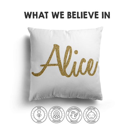 Personalised Name Gold Glitter Font Print Soft Square Filled Cushion Throw Decor
