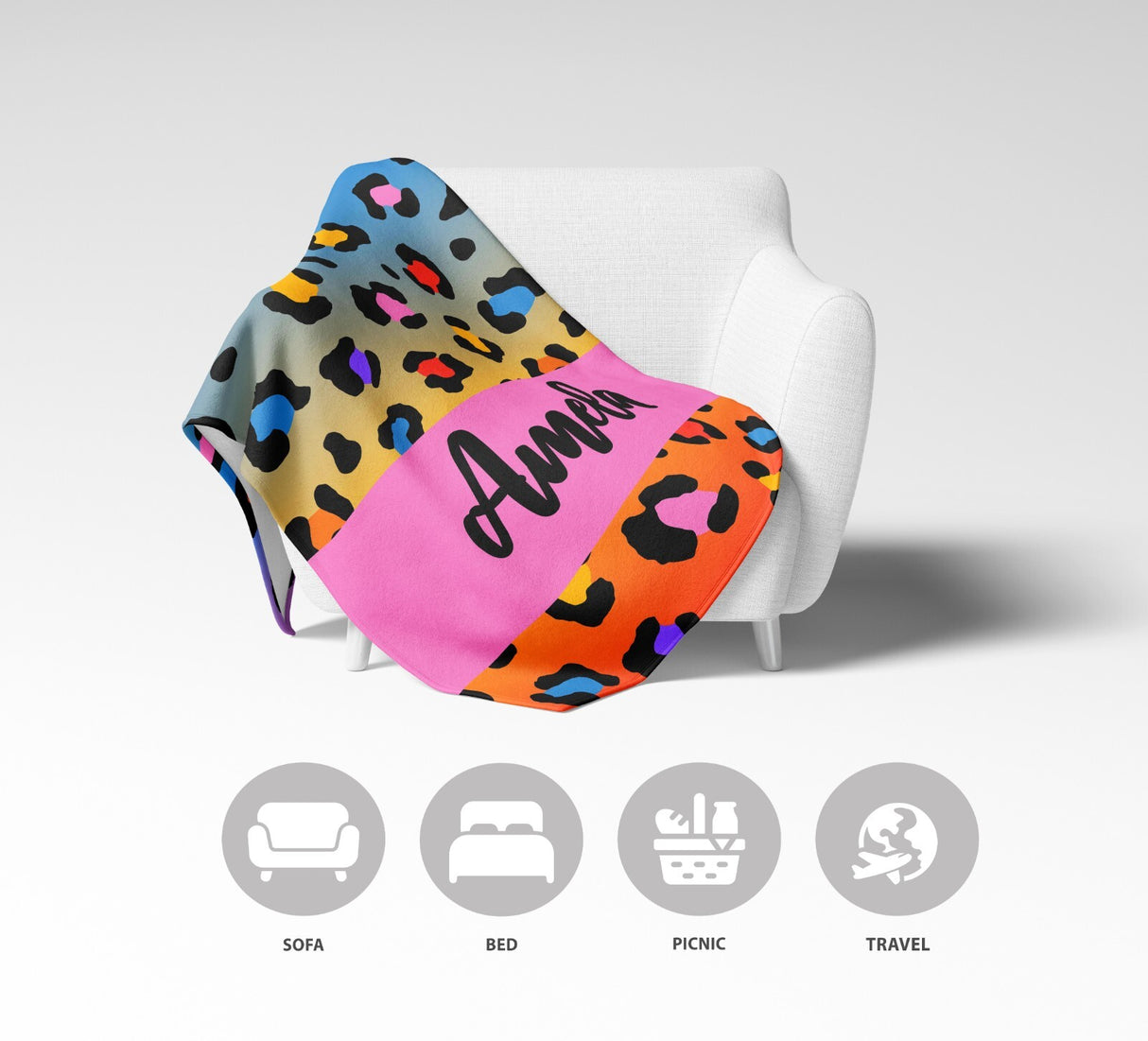 Personalised Name Leopard Spots Print Multicolour Soft Warm Fleece Blanket Decor