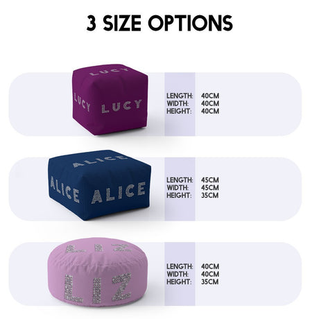 Personalised Any Name Diamond Gems Colour Ottoman Filled Pouffe Washable Cover