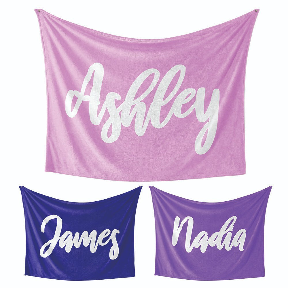 Personalised Custom Name Colour Plain Script Font Soft Warm Fleece Blanket Decor