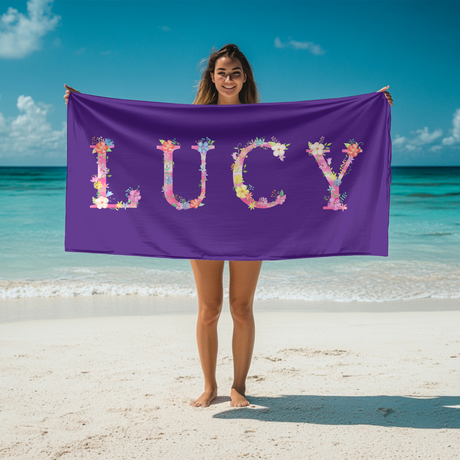Personalised Pink Floral Alphabet Custom Colour Absorbent Beach Bath Sheet Towel