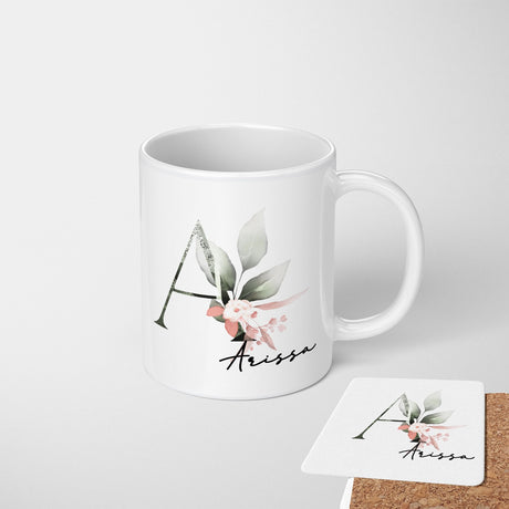 Gentle Botanical Blush Pink Name Initial Letter Tea Coffee Mug Set Gift Him Her
