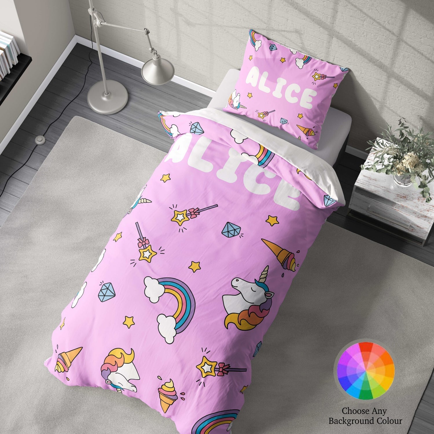 Personalised Custom Name Unicorn Ice Creams Single Bed Duvet Cover + Pillowcase