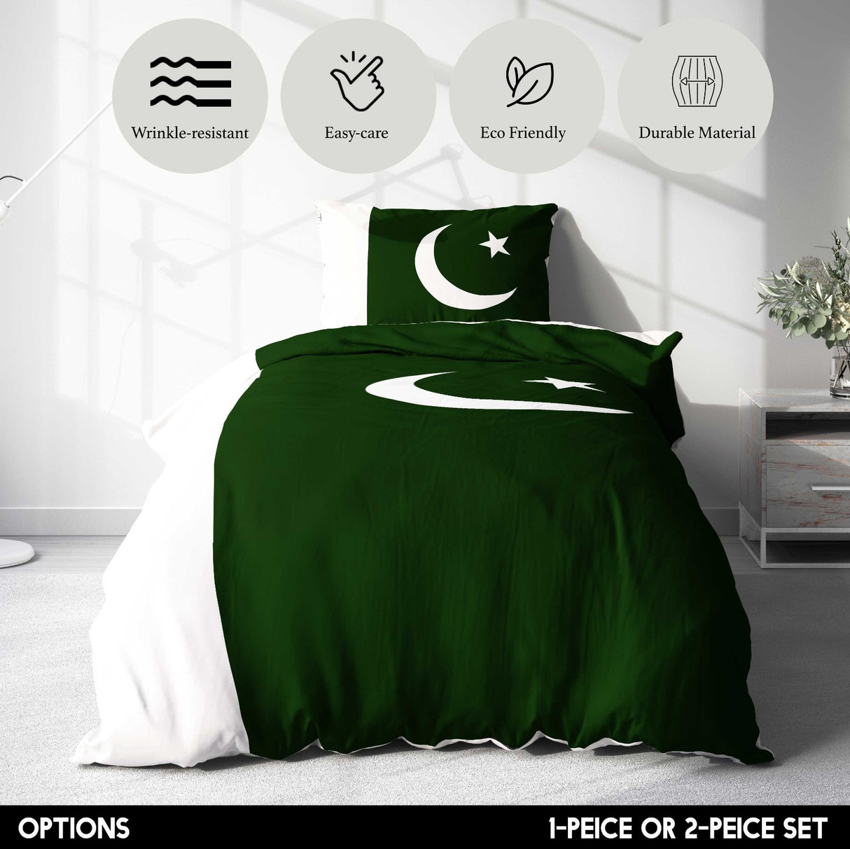 Pakistan Flag Custom Design Single Size Bed Duvet Cover Quilt + Pillowcase Set