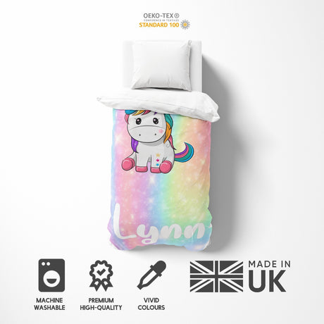 Personalised Custom Name Rainbow Unicorn Kids Single Bed Duvet Cover Pillowcase