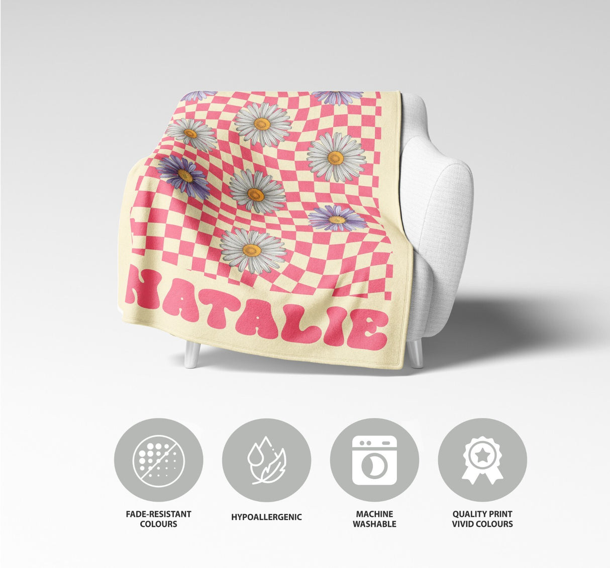 Personalised Custom Name Colour Retro Daisy Check Soft Warm Fleece Blanket Decor