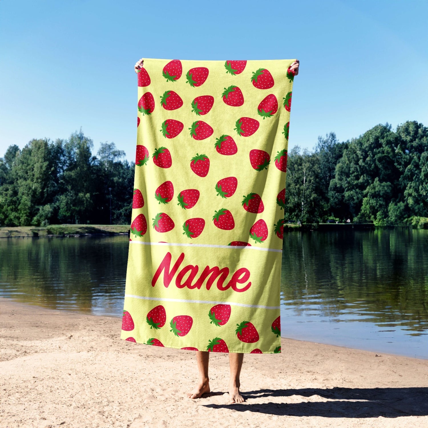 Custom Colour + Name Strawberries Fruits Print Absorbent Beach Bath Sheet Towel