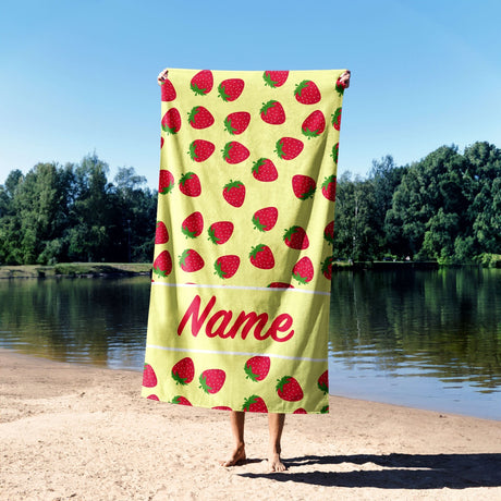 Custom Colour + Name Strawberries Fruits Print Absorbent Beach Bath Sheet Towel