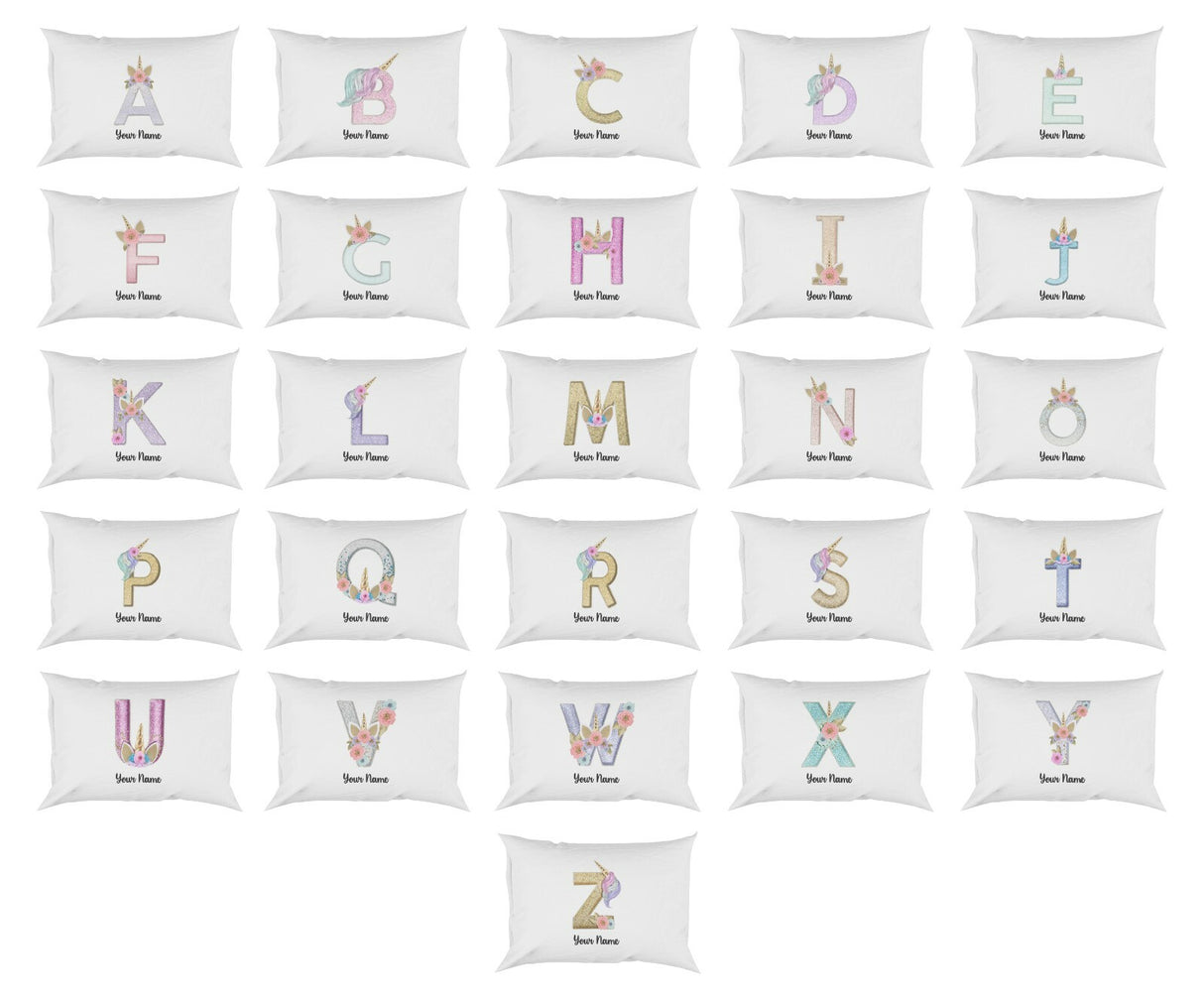 Personalised Unicorn Sparkly Kids Girls Monogram Alphabet Initial Letter Pillow