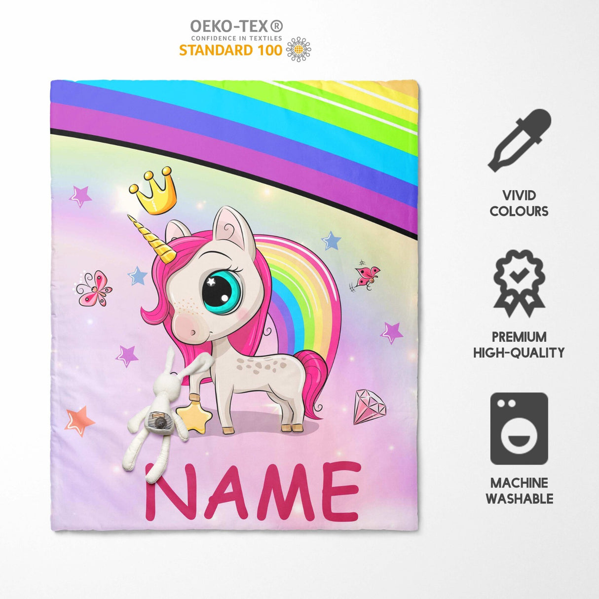 Personalised Name Unicorn Rainbow Mythical Kids Cot Bed Duvet Cover + Pillowcase