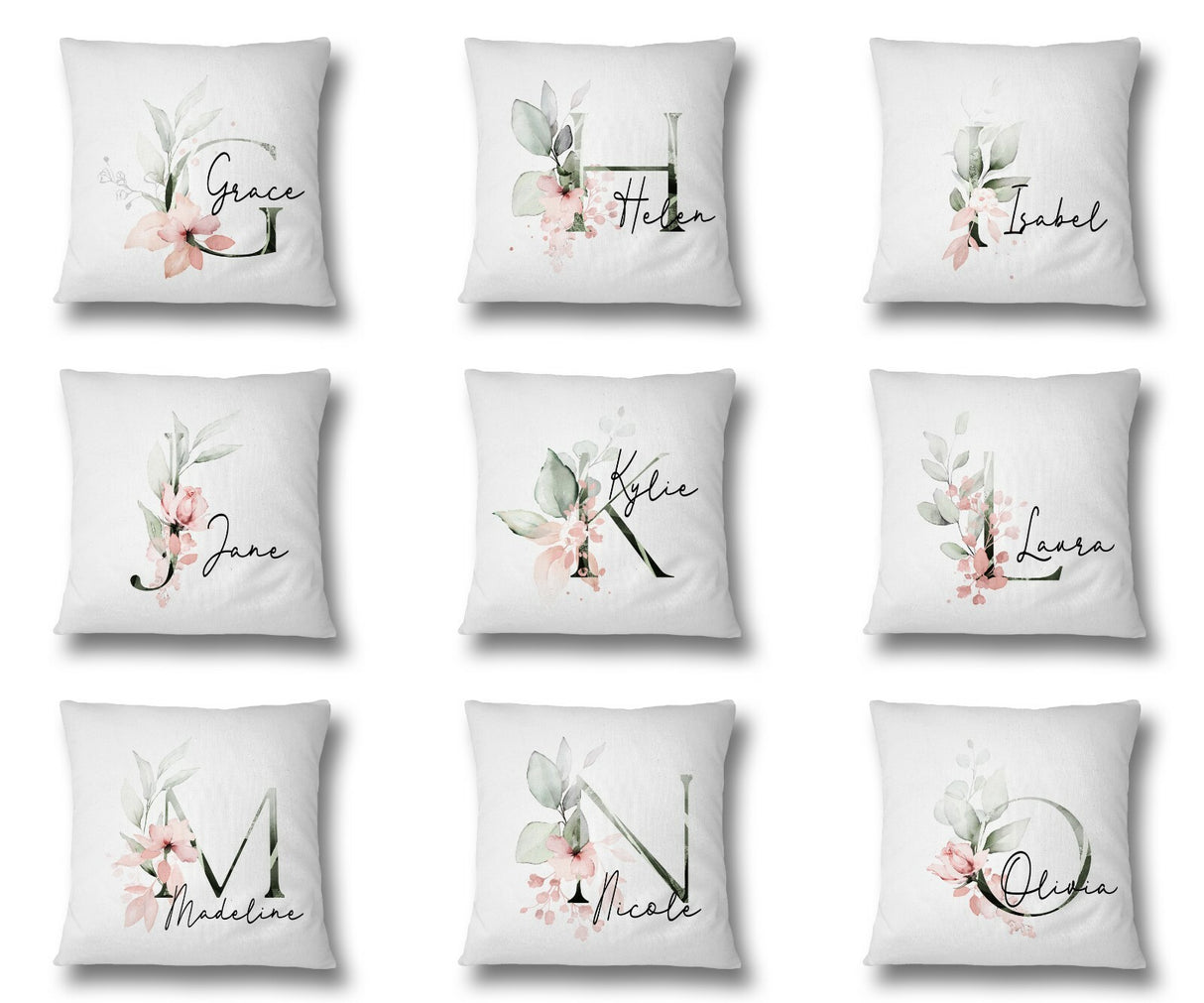 Personalised Gentle Botanical Blush Pink Initial Letter Cushion Cover Pillow