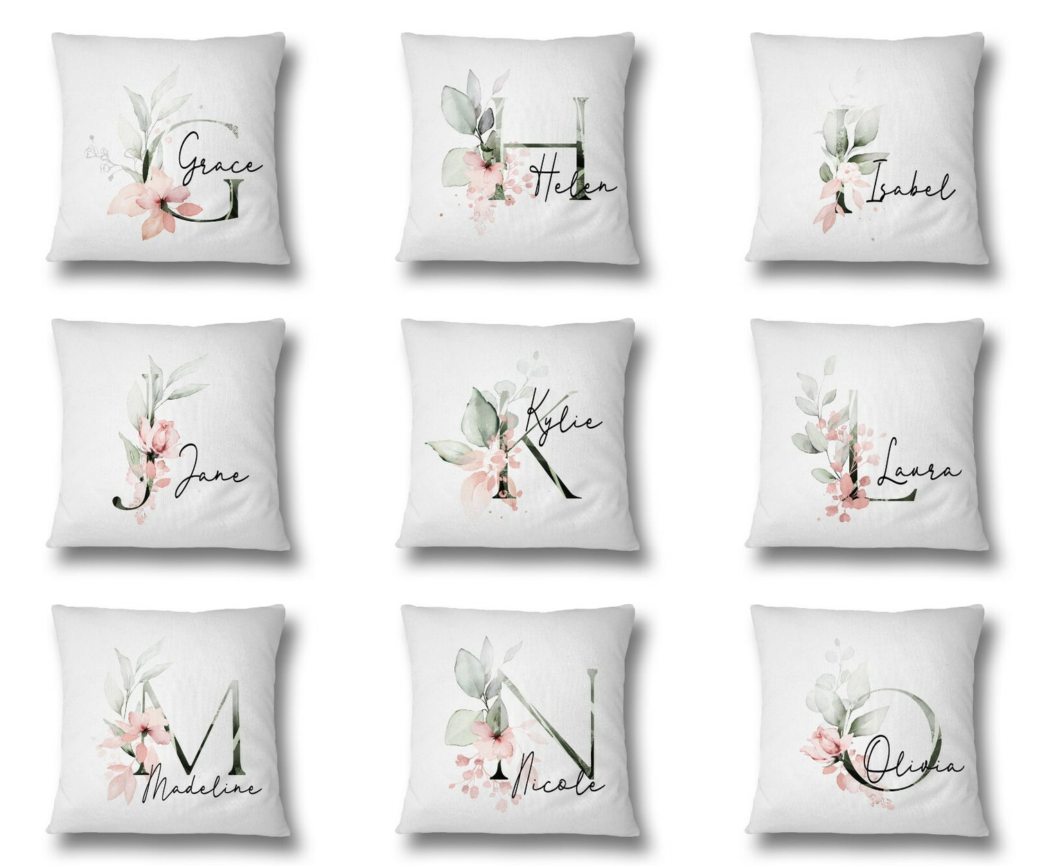 Personalised Gentle Botanical Blush Pink Initial Letter Cushion Cover Pillow