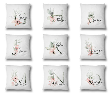 Personalised Gentle Botanical Blush Pink Initial Letter Cushion Cover Pillow