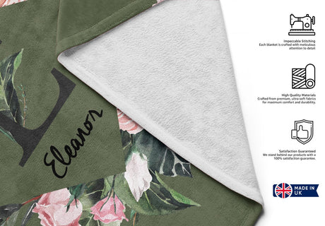 Personalised Name Botanical Floral Initial Letter Soft Warm Fleece Blanket Decor
