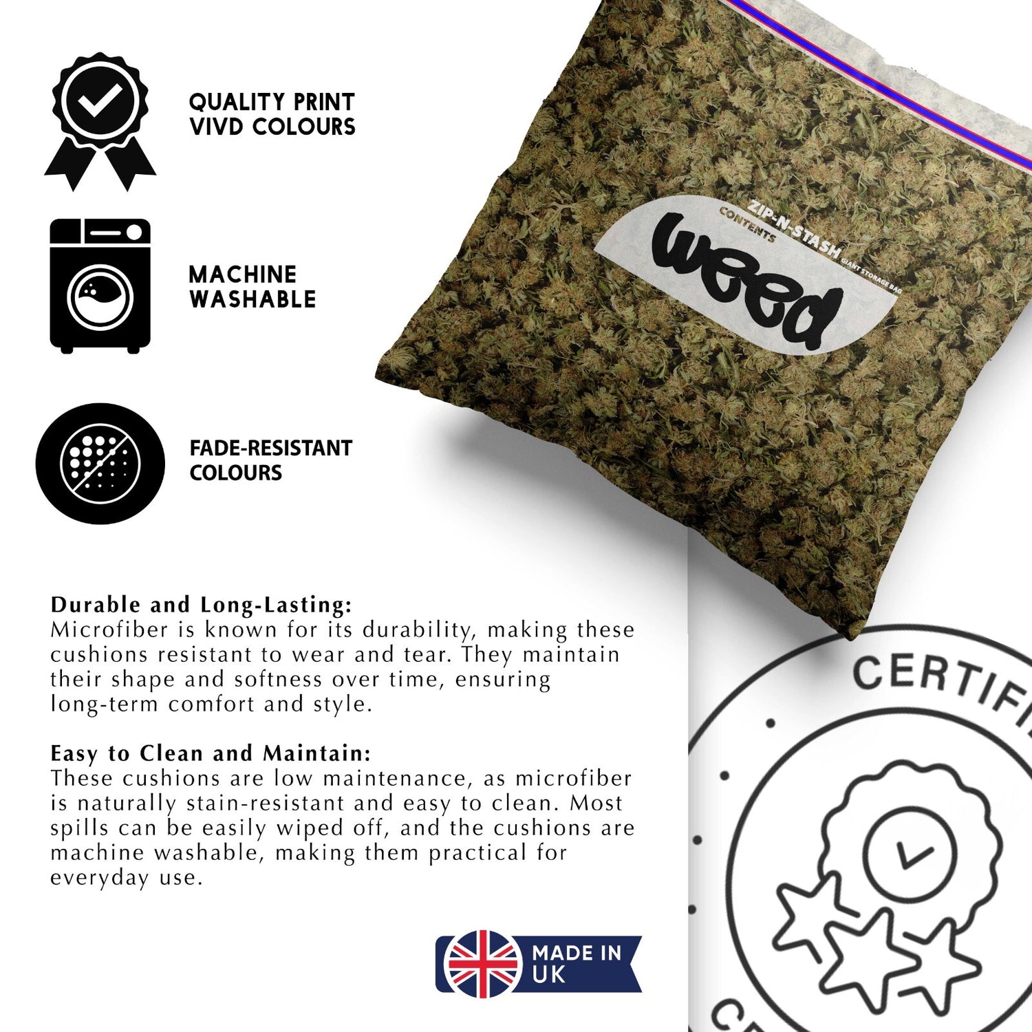 Weed Bag Funny Prank Cheeky Novelty Joke Square Fill Zipped Close Cushion Throw