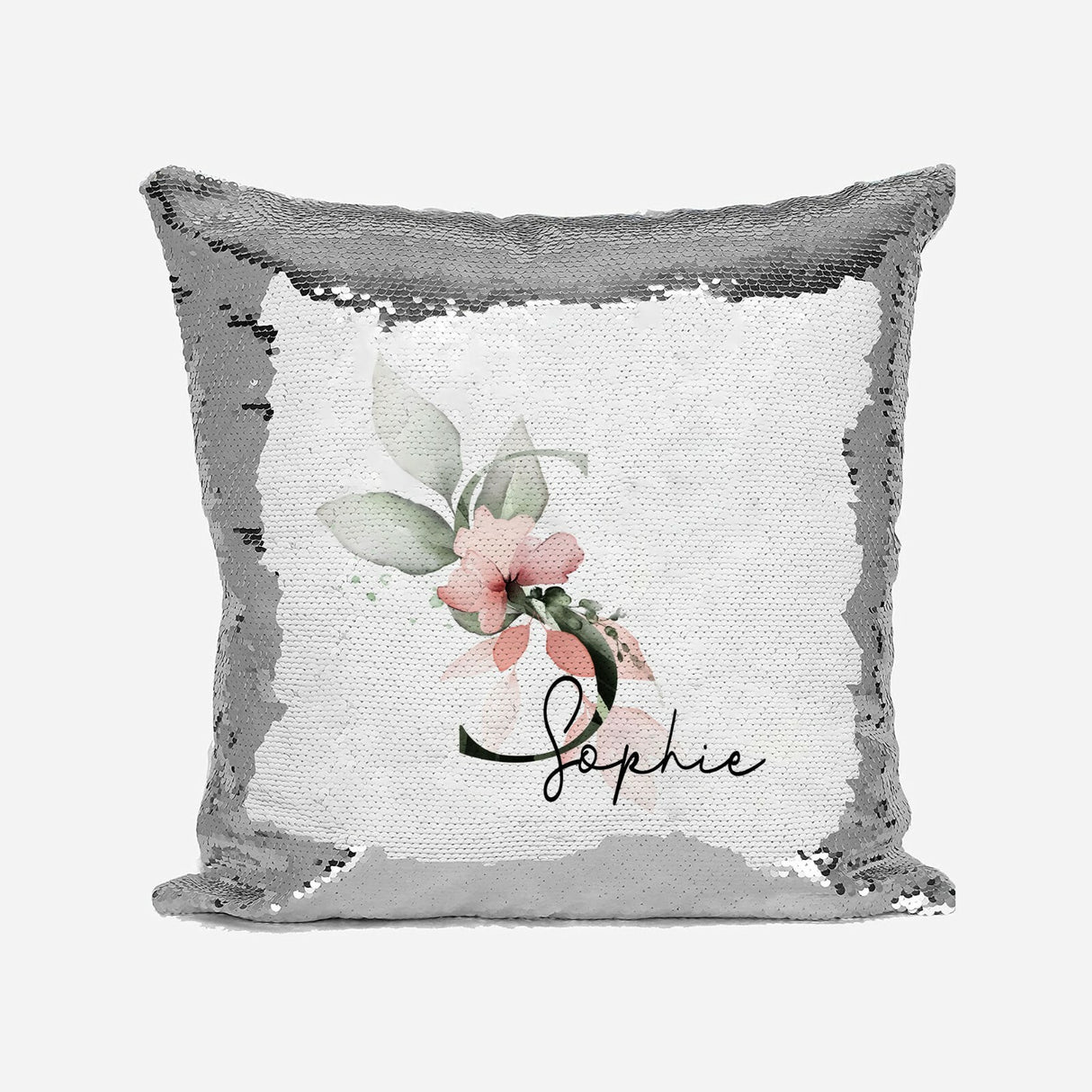 Personalised Gentle Botanical Blush Sequin Magic Cushion Cover + Pillow Kids