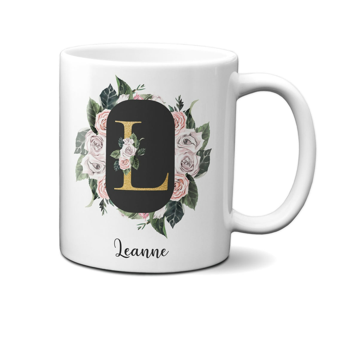 Personalised Floral Frame Gold Floral Name Initial Letter Mug Gift 11oz Ceramic
