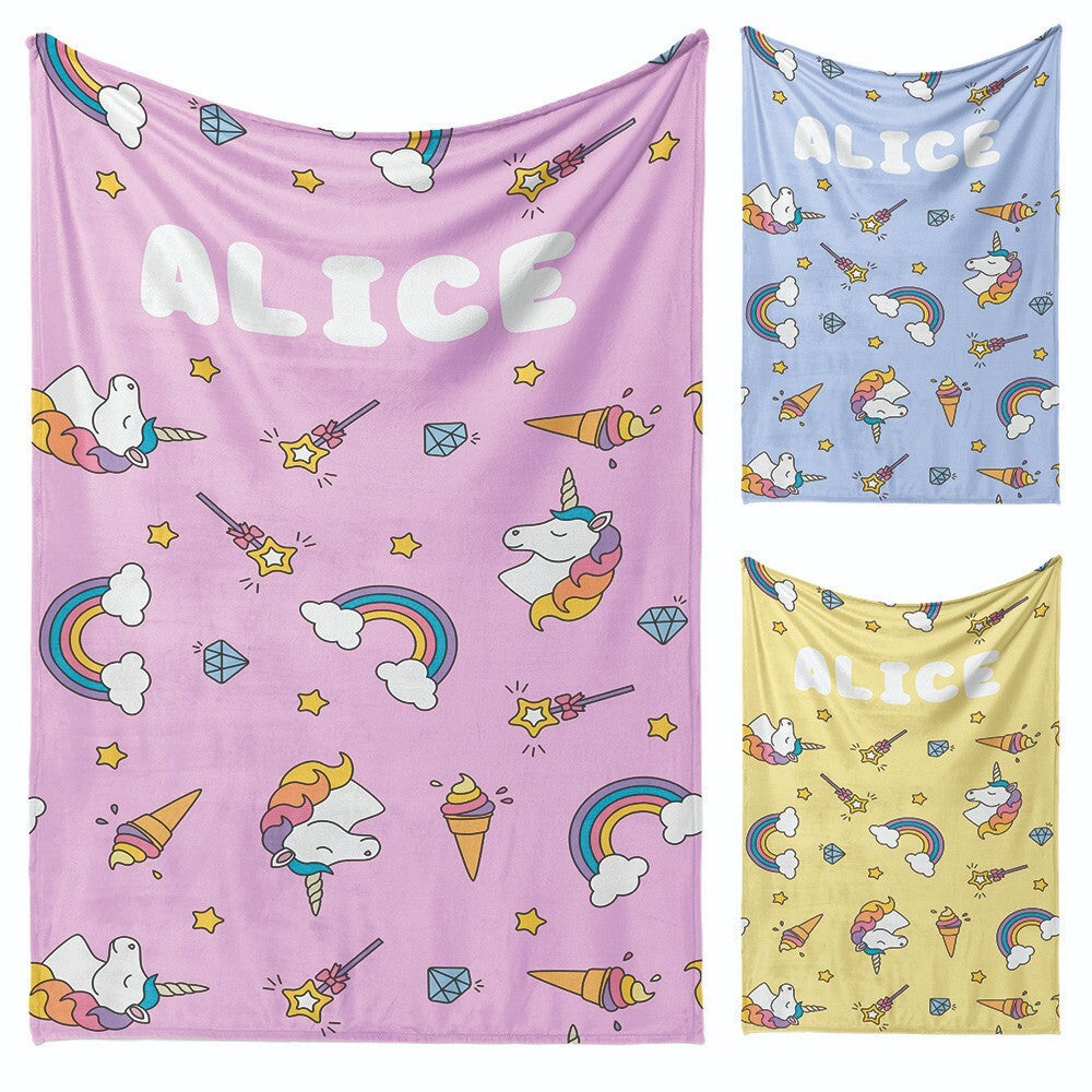 Personalised Custom Name Colour Unicorn Ice Cream Soft Warm Fleece Blanket Decor