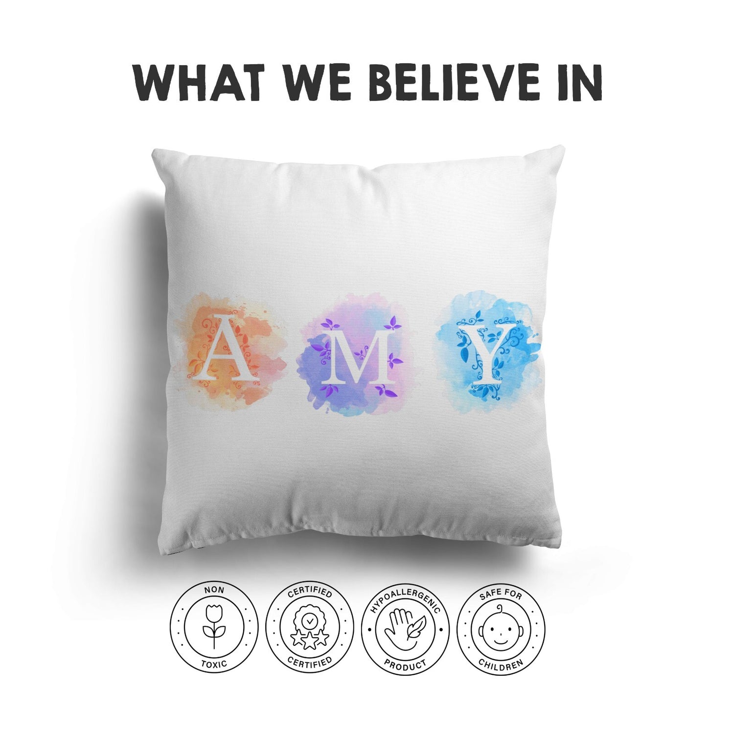 Personalised Name Watercolour Letters Font Kids Soft Square Filled Cushion Decor