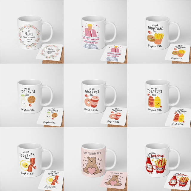 Personalised Name Valentines Love Gift Coffee Tea Mug + Coaster Option Him Her