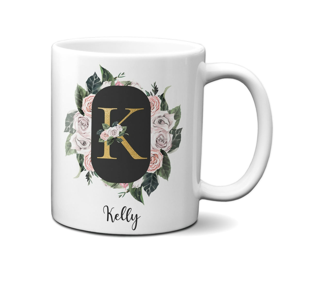 Personalised Floral Frame Gold Floral Name Initial Letter Mug Gift 11oz Ceramic