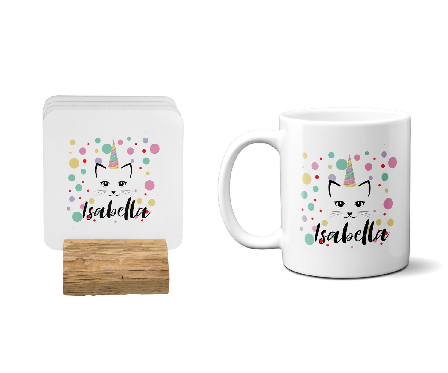 Personalised Name Unicorn Kitten Coffee Tea Mug Gift 11oz Mug + Coaster