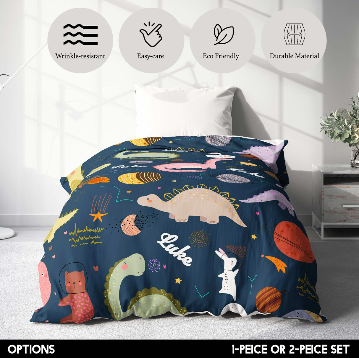 Personalised Name Cartoon Baby Dinosaur Kids Single Bed Duvet Cover + Pillowcase