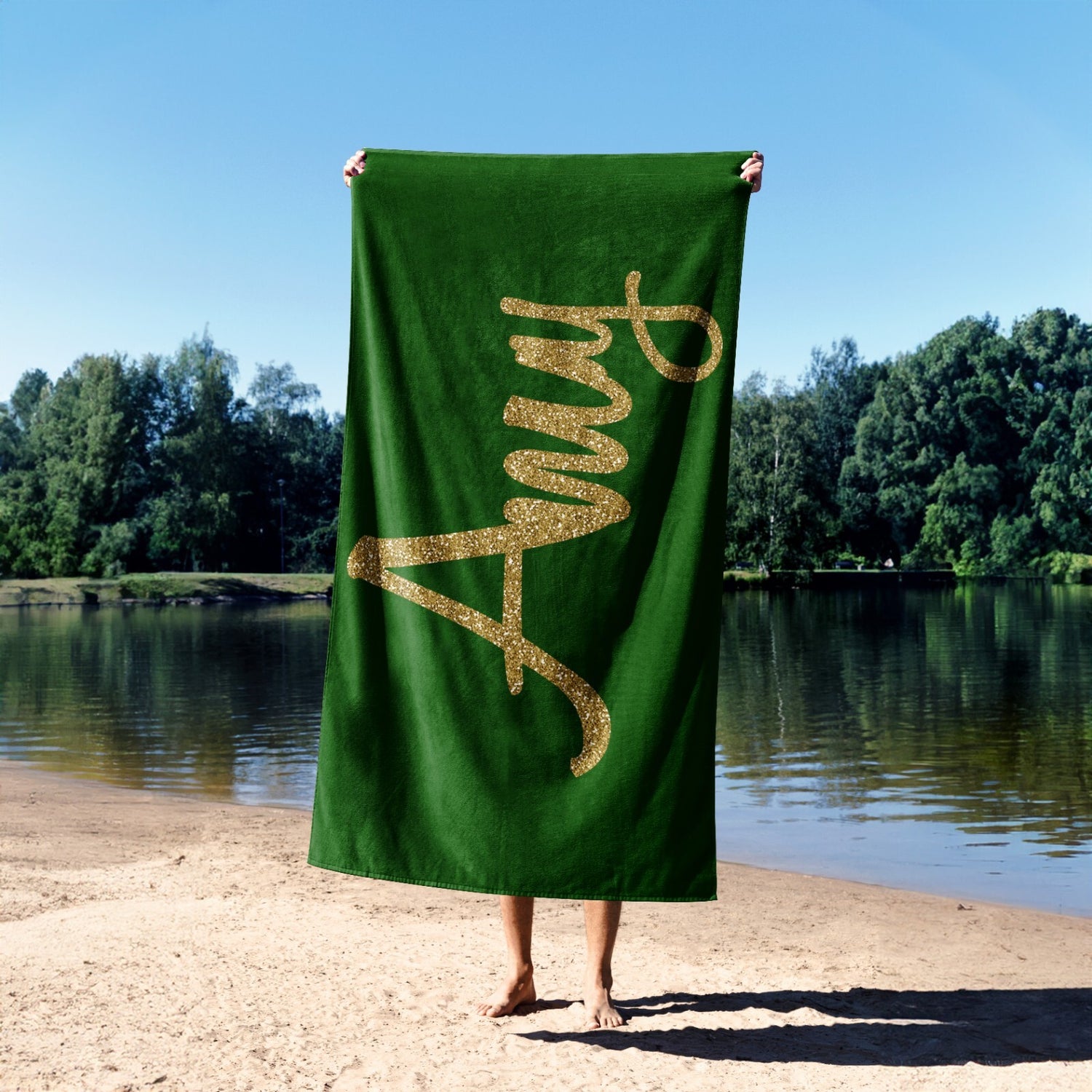 Personalised Name Gold Glitter Custom Colour Absorbent Beach Bath Sheet Towel