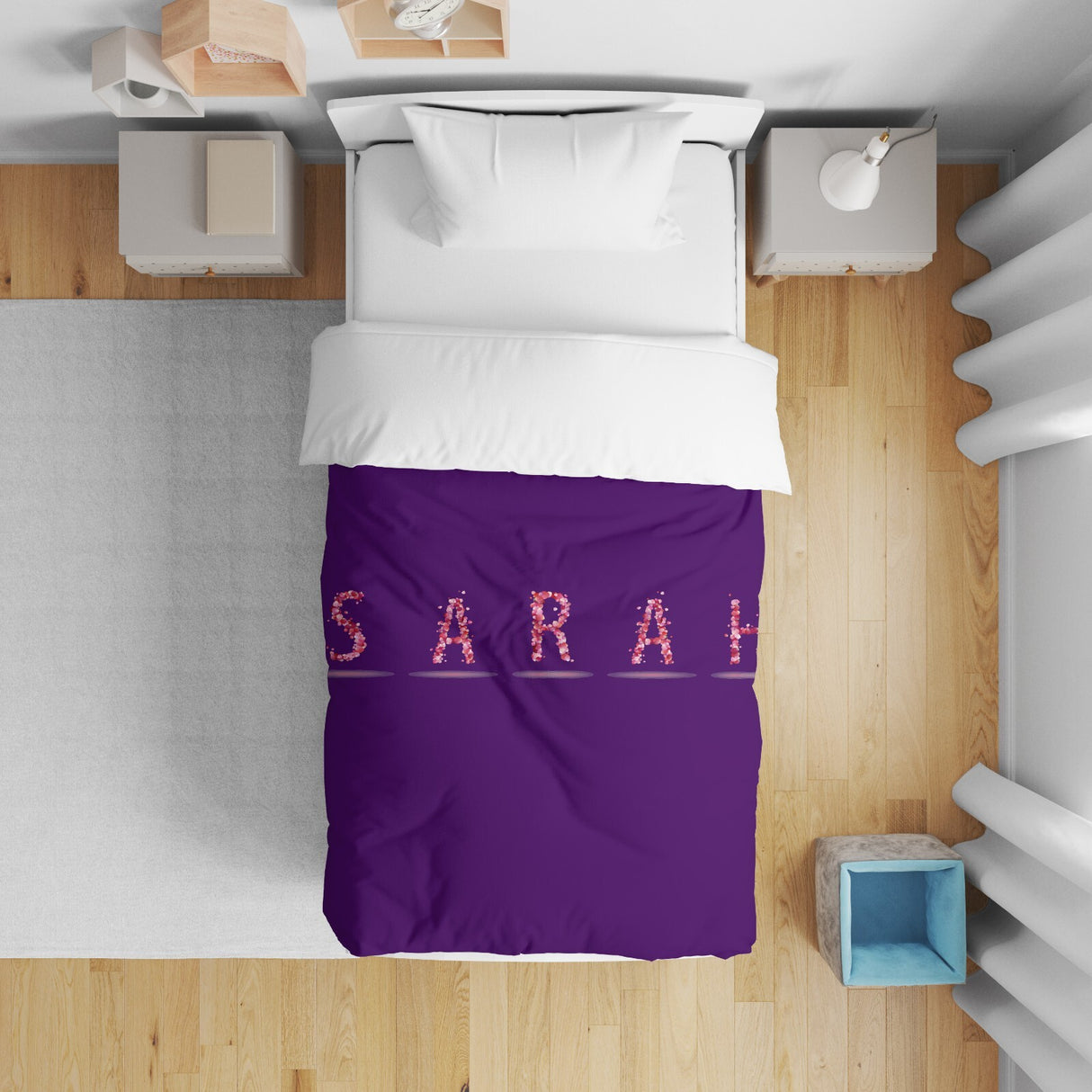 Personalised Name Pink Rose Petals Font Kids Cot Bed Duvet Cover + Pillowcase