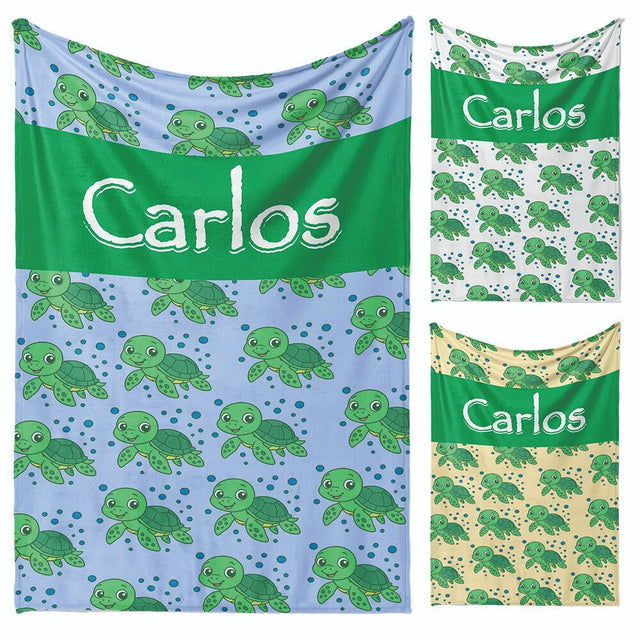 Personalised Custom Name Cartoon Baby Turtles Soft Fleece Blanket Decor Throw
