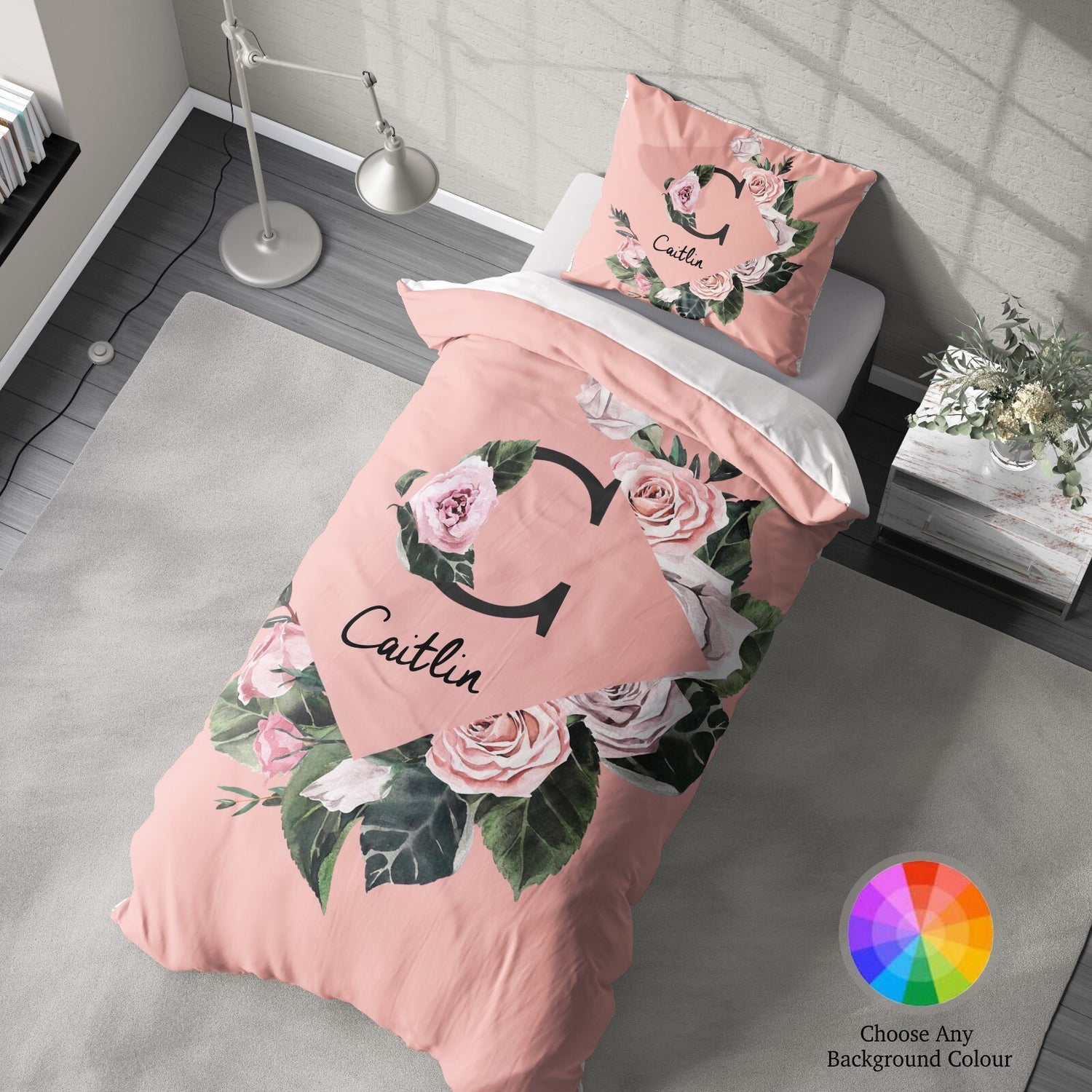 Personalised Name Botanical Floral Initial Single Bed Duvet Cover Pillowcase Set