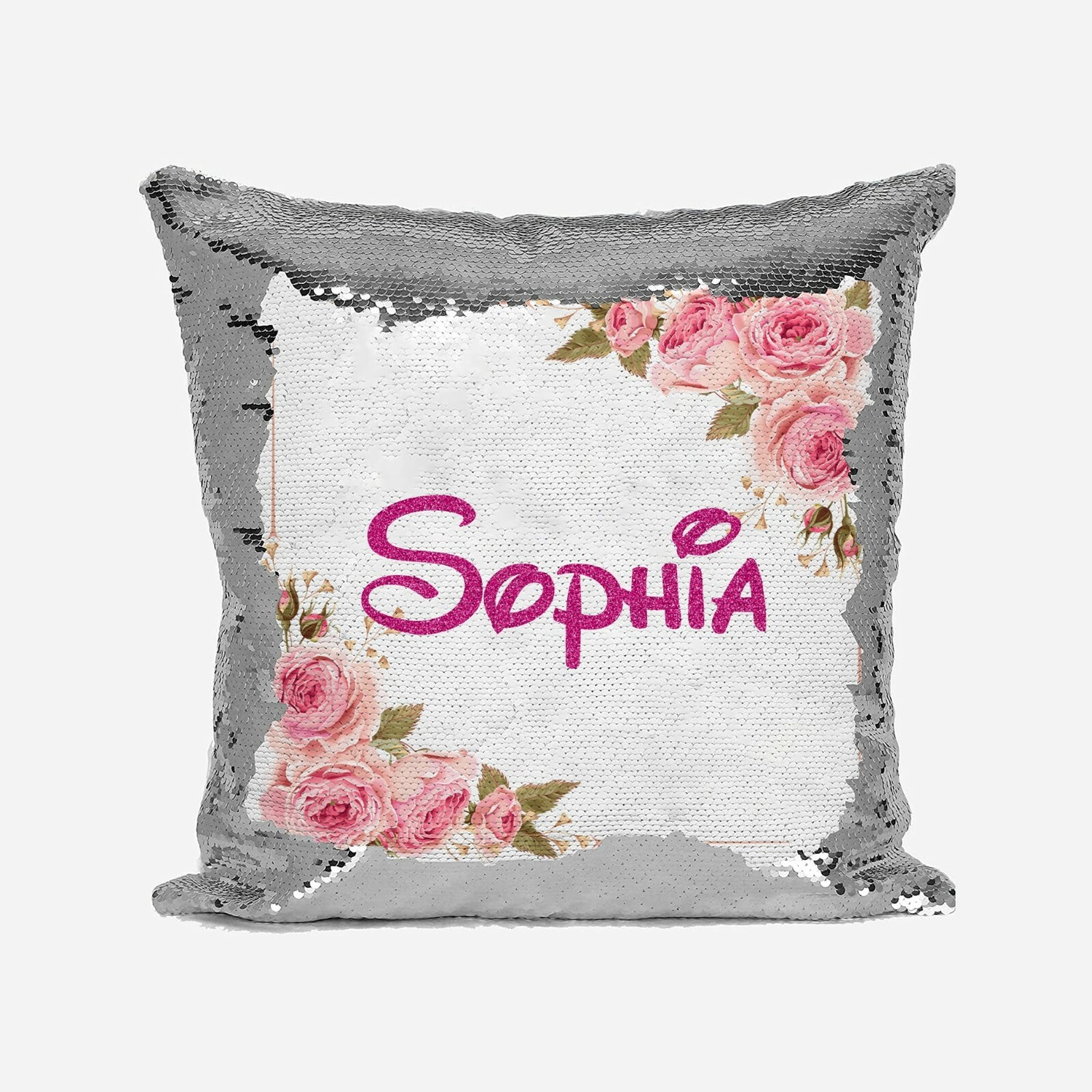 Personalised Name Shiny Sequin Magic Floral Roses Pink Cushion Cover + Pillow