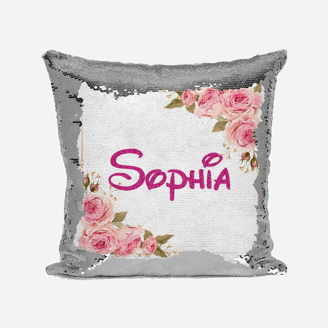 Personalised Name Shiny Sequin Magic Floral Roses Pink Cushion Cover + Pillow
