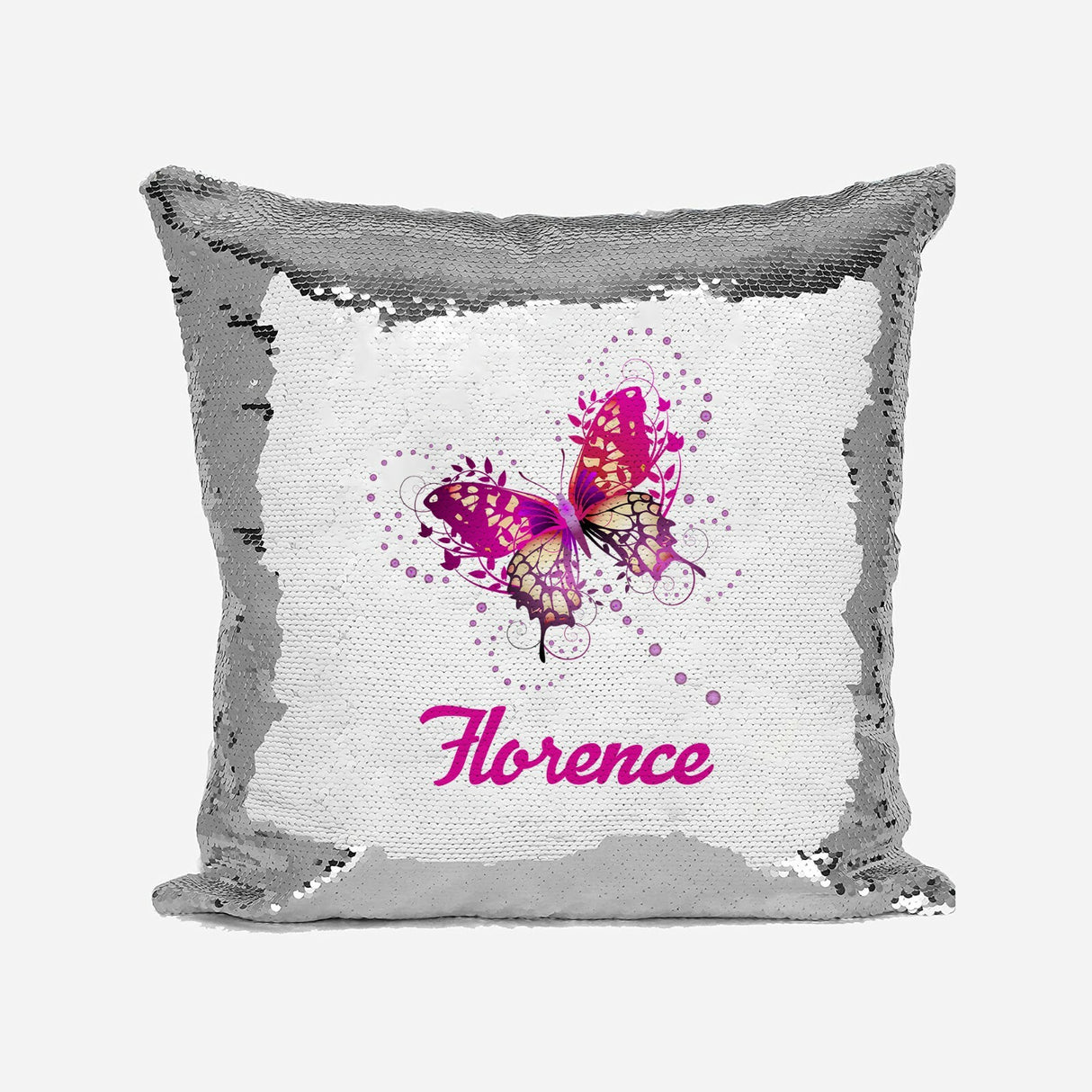 Personalised Name Shiny Sequin Magic Pink Butterfly Cushion Cover + Pillow Kids