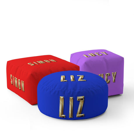Personalised Name Gold Brick Letters Colour Ottoman Filled Pouffe Washable Cover
