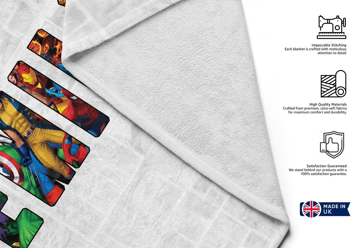 Personalised Superhero Any Name Text Soft Warm Kids Fleece Blanket Decoration