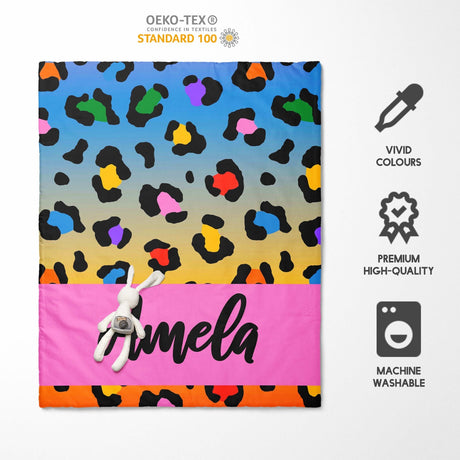 Personalised Name Leopard Spots Multicolour Kid Cot Bed Duvet Cover + Pillowcase