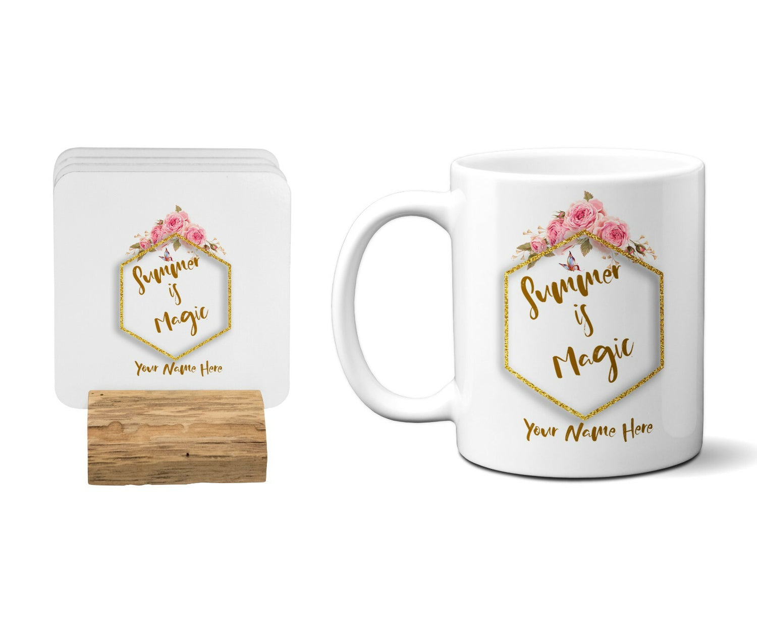 Summer is Magic Floral Frame Gold Coffee Tea Mug 11oz Mug And Coaster Set Option