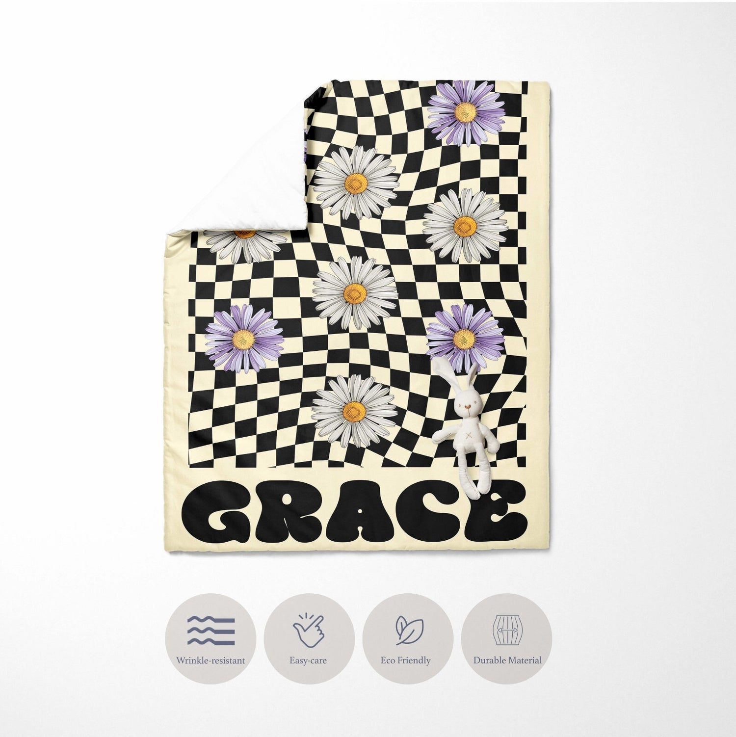 Personalised Custom Name Retro Daisy Check Kids Cot Bed Duvet Cover + Pillowcase