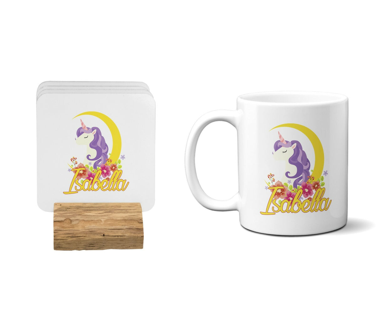 Personalised Name Unicorn Crescent Coffee Tea Mug Gift 11oz Mug + Coaster