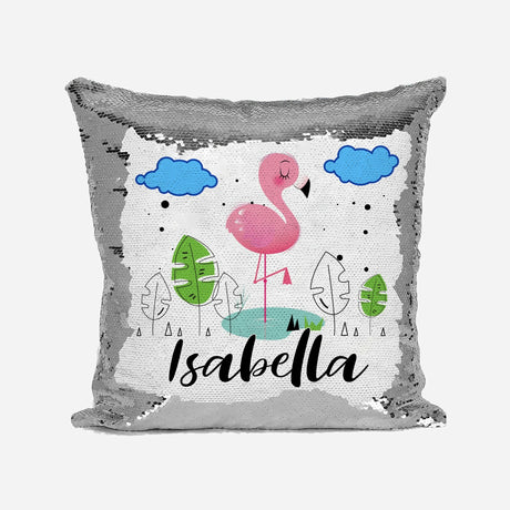 Personalised Name Shiny Sequin Magic Flamingo Cute Cushion Cover + Pillow Kids