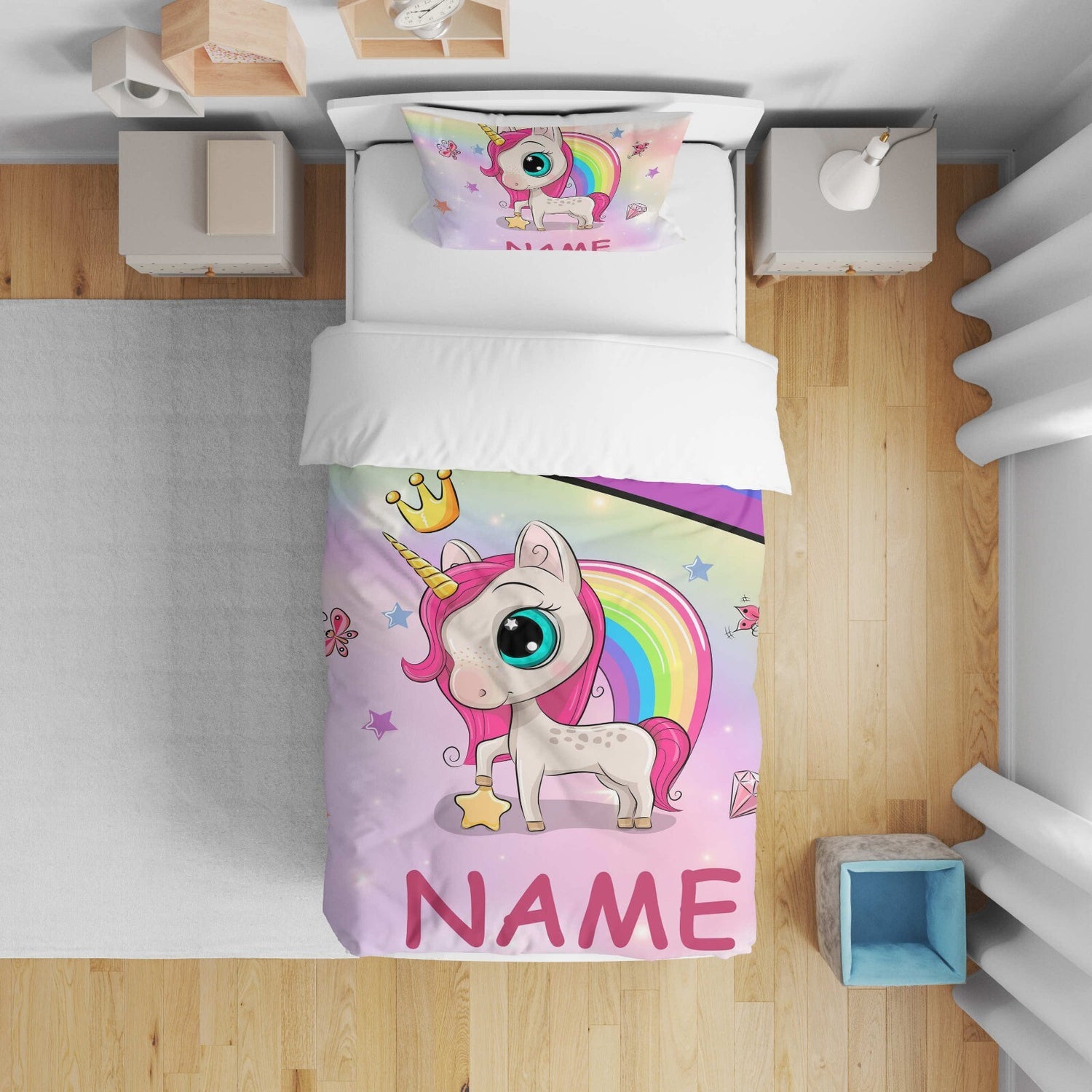 Personalised Name Unicorn Rainbow Mythical Kids Cot Bed Duvet Cover + Pillowcase
