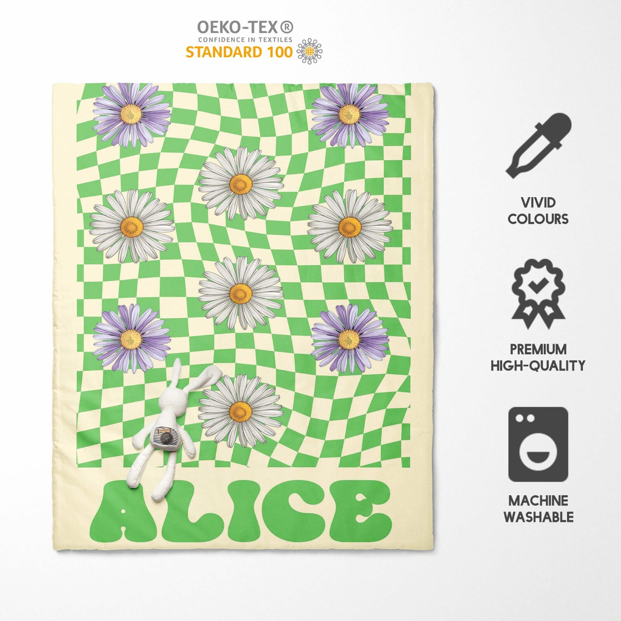 Personalised Custom Name Retro Daisy Check Kids Cot Bed Duvet Cover + Pillowcase