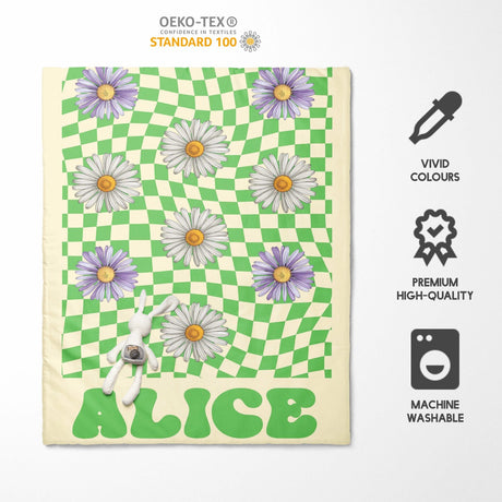 Personalised Custom Name Retro Daisy Check Kids Cot Bed Duvet Cover + Pillowcase