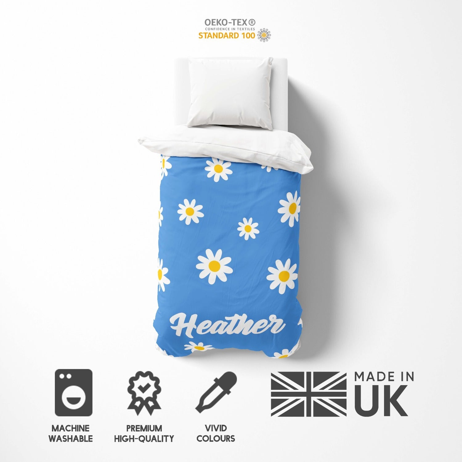 Personalised Custom Name Colour Floral Daisy Single Bed Duvet Cover + Pillowcase